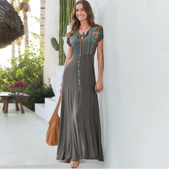 Johnny Was Charcoal Maxi Dress with Floral Embroidery NWOT